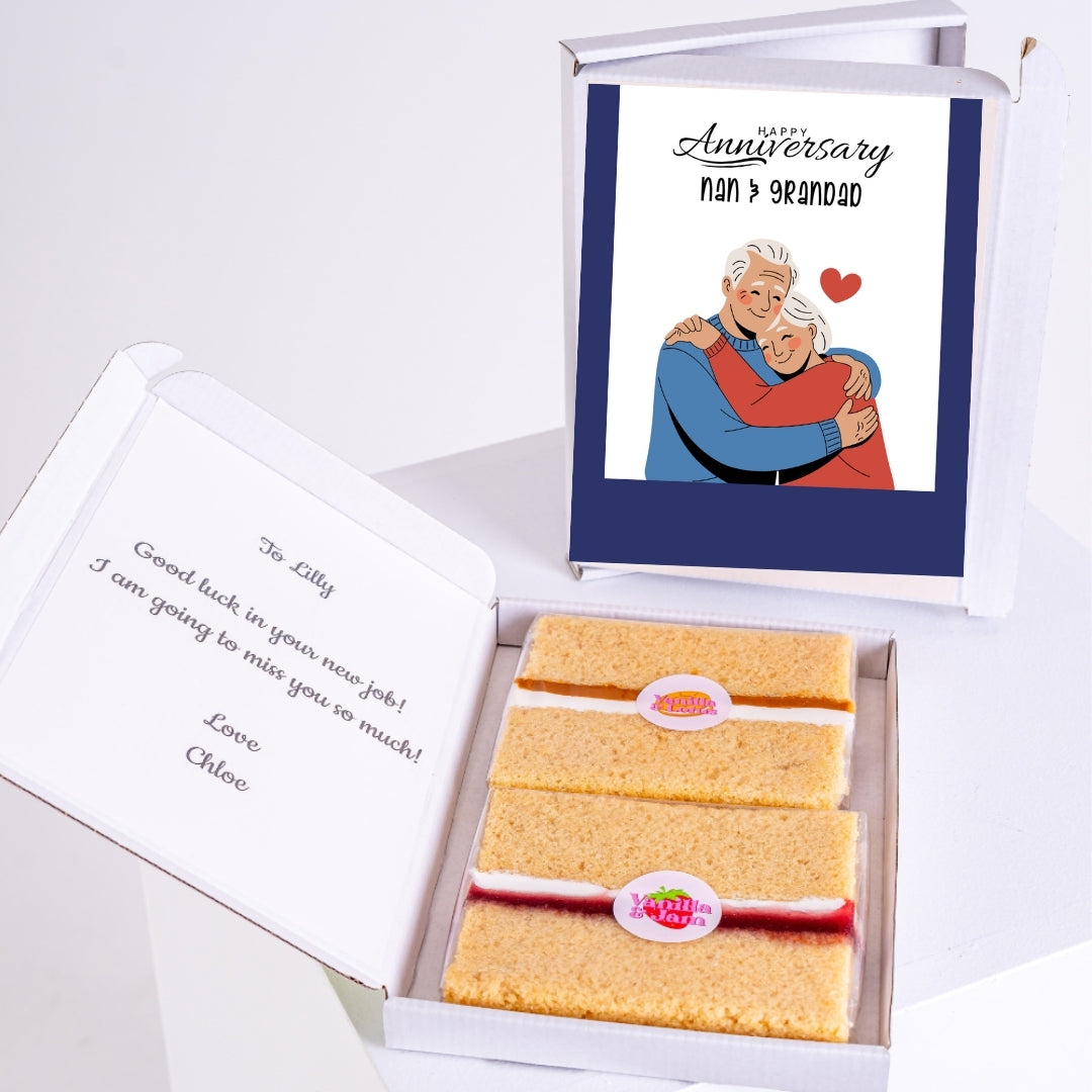 Anniversary gift box for Nan and Grandad with message and treat inside