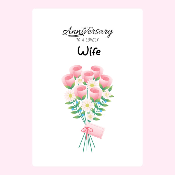 Anniversary message with pink rose bouquet for wife.