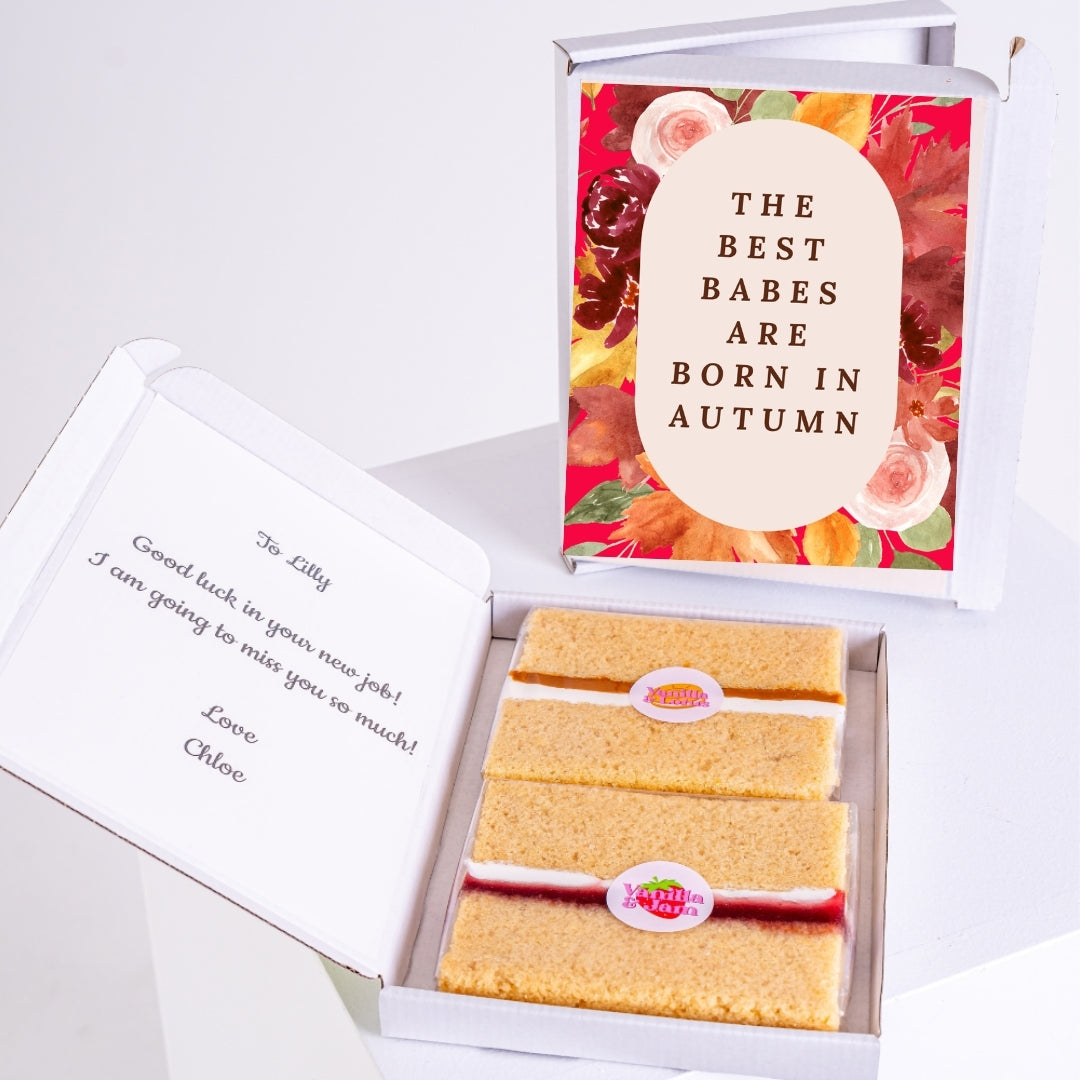 Autumn birthday gift box with sponge cake slices and personal message.
