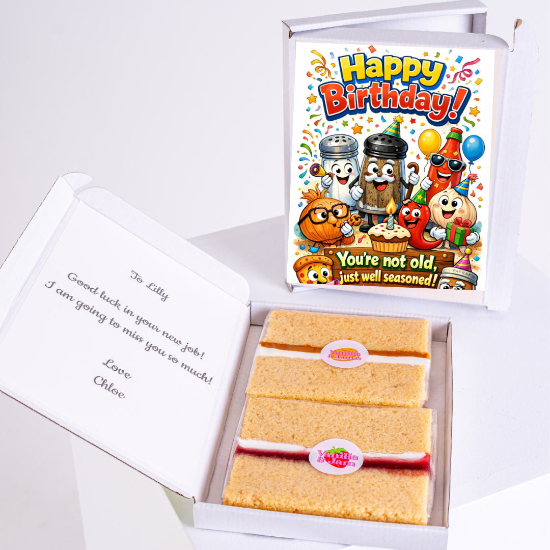 Birthday cake box with funny greeting card