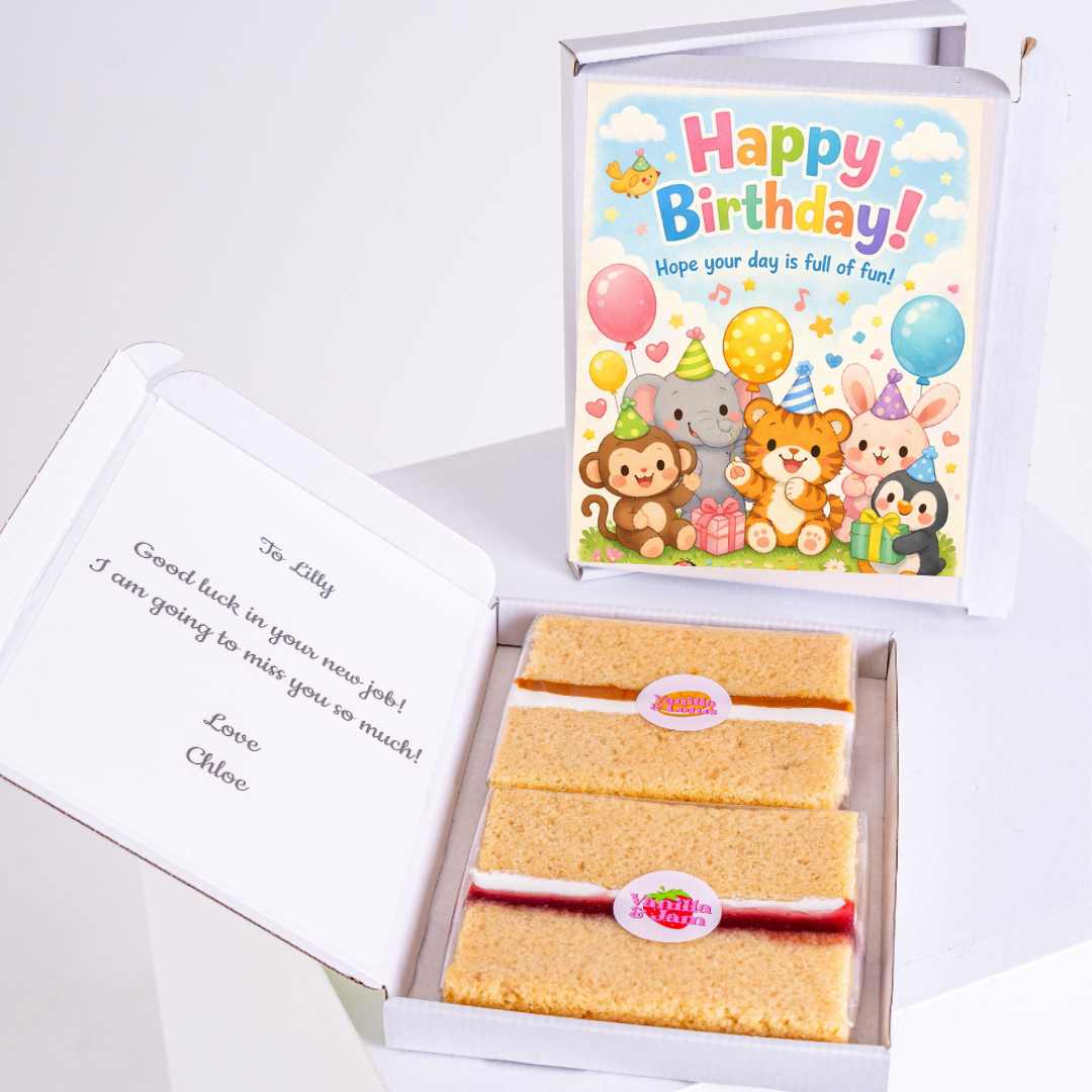 cute animal birthday party cake card by post UK letterbox gift with cake inside edible greeting card with balloons and animals