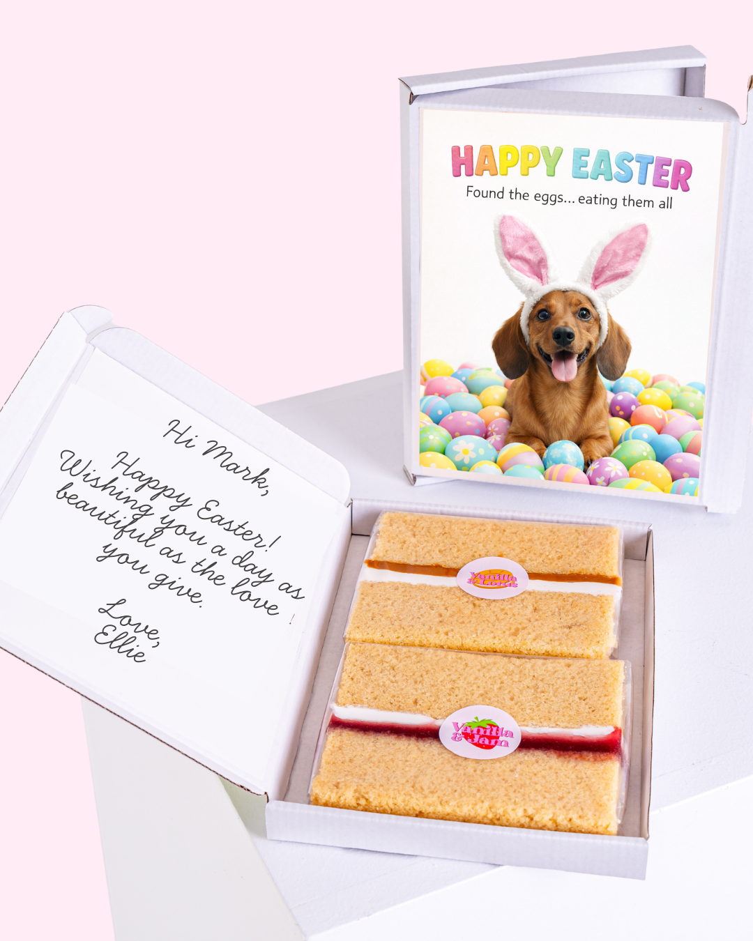 Cute bunny in a flowered wreath of pastel-colored eggs.