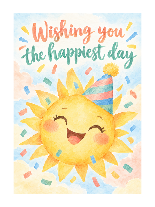 Happiest Day Birthday cake card by MailBakes, Watercolour design with Wishing you the happiest day