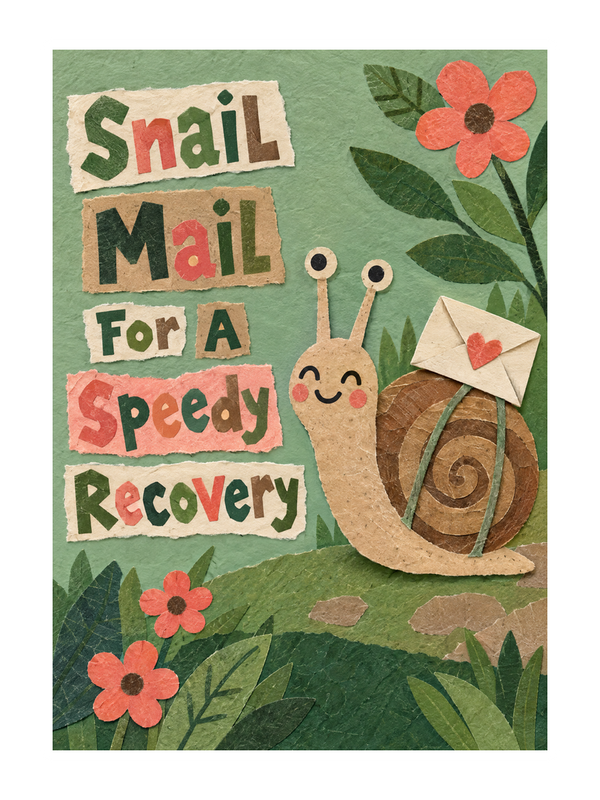 Snail Mail Get Well Soon cake card by MailBakes, collage with snail and text Snail Mail For A Speedy Recovery