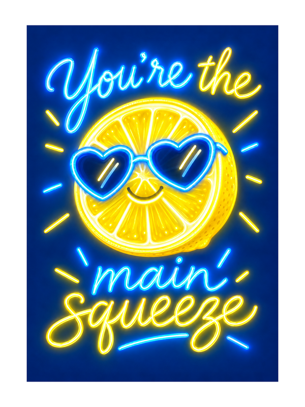 Main Squeeze Birthday cake card by MailBakes, neon sign saying You’re the main squeeze