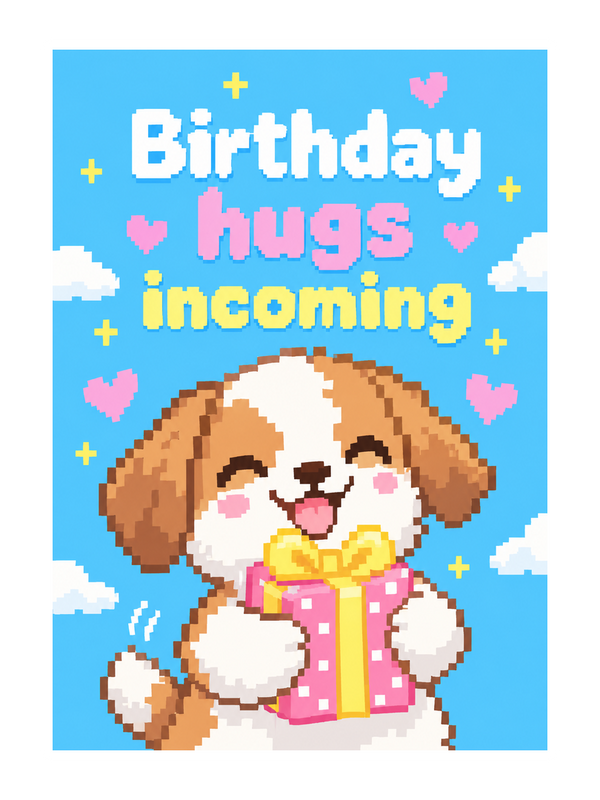 Birthday Hugs Incoming cake card by MailBakes, pixel art with Birthday hugs incoming text