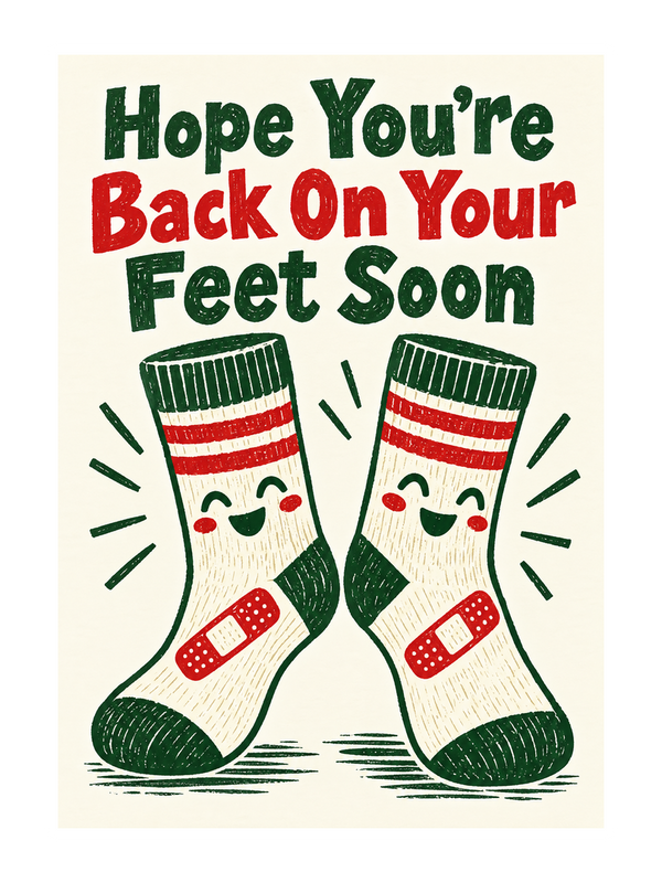 Back On Your Feet Get Well Soon cake card by MailBakes, linocut design with Hope You’re Back On Your Feet Soon