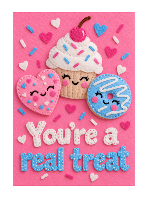 You're A Real Treat Birthday cake card by MailBakes, felt craft design with You’re a real treat text