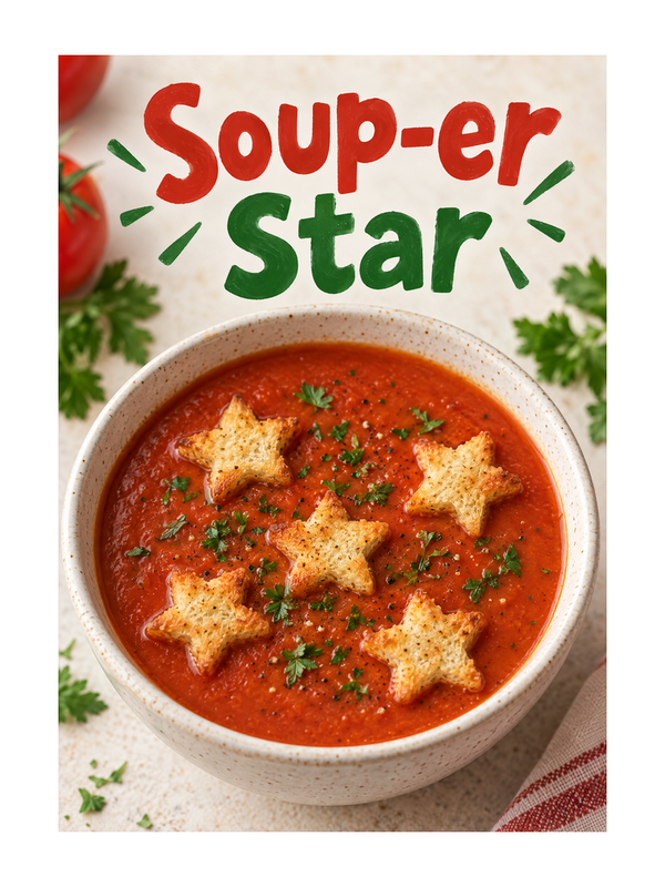 Souper Star Get Well Soon cake card by MailBakes, photograph of steaming bowl of soup with Souper Star text