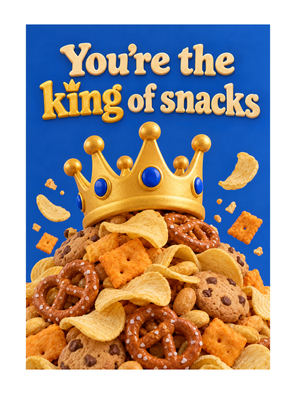 King Of Snacks Birthday cake card by MailBakes, 3D clay render crowned snack with text