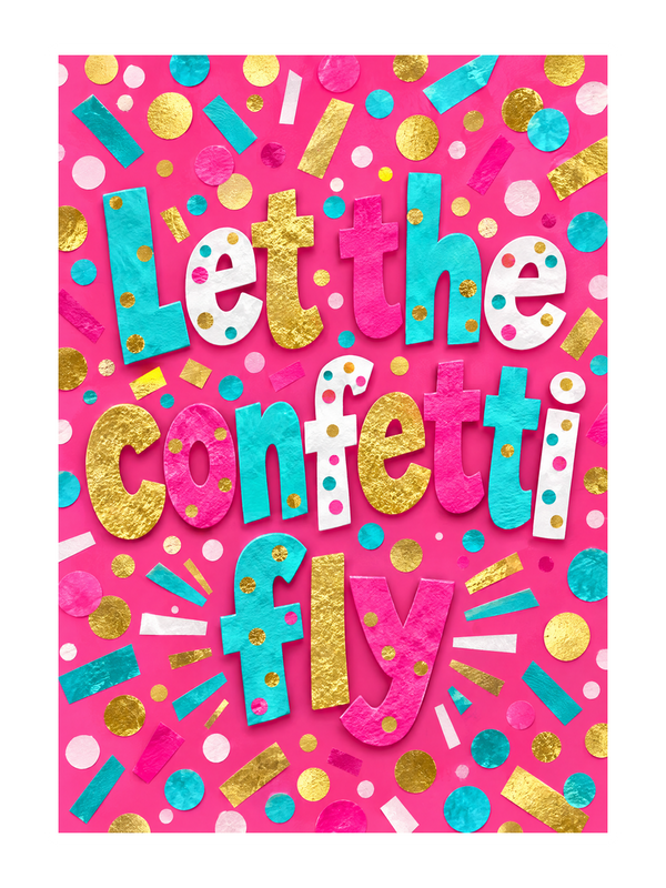 Let The Confetti Fly Birthday cake card by MailBakes, colourful confetti bursting with Let the confetti fly