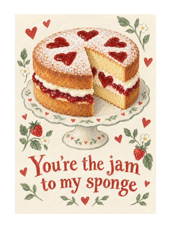 Jam To My Sponge Birthday cake card by MailBakes, You’re the jam to my sponge text with cake illustration