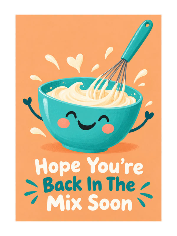 Back In The Mix Get Well Soon cake card by MailBakes, digital illustration with Hope You’re Back In The Mix Soon