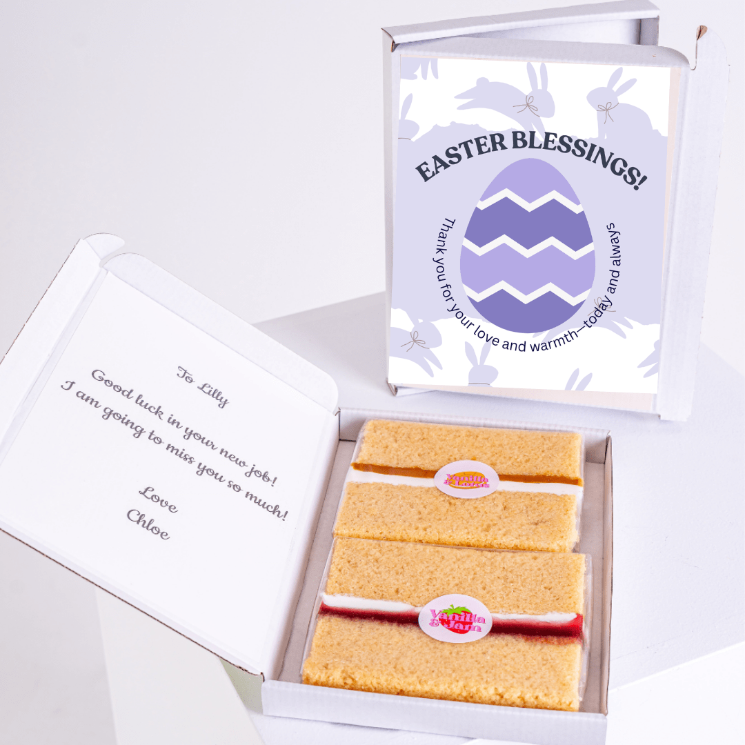 Cake card with "Easter Blessings" and a purple Easter egg design.