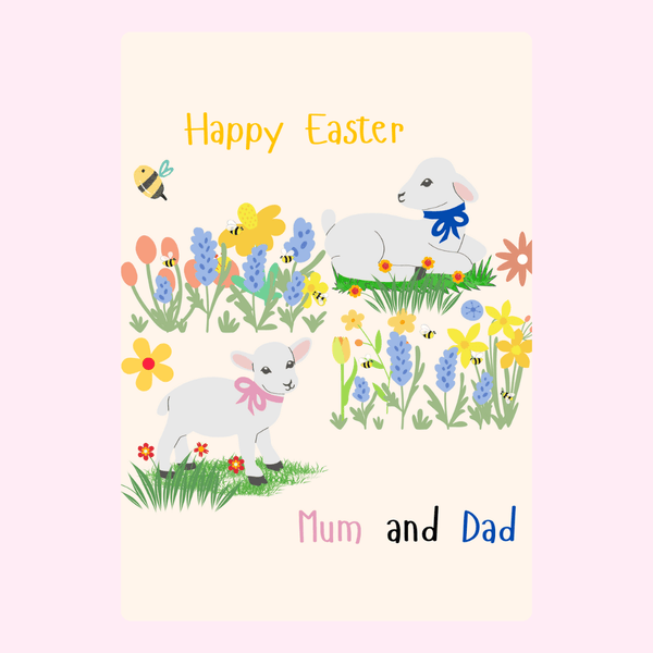 Illustrated "Happy Easter" card with lambs, flowers, and bees.