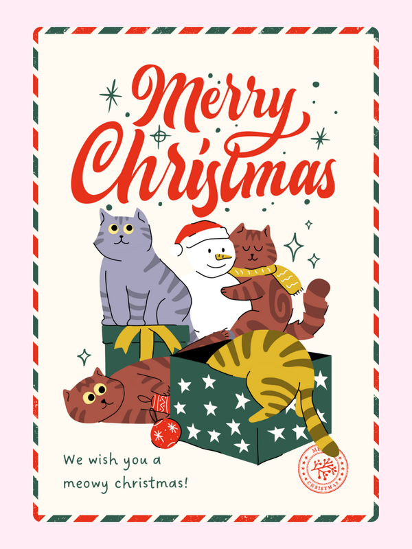 Meowy Christmas letterbox cake card with freshly baked cake slices