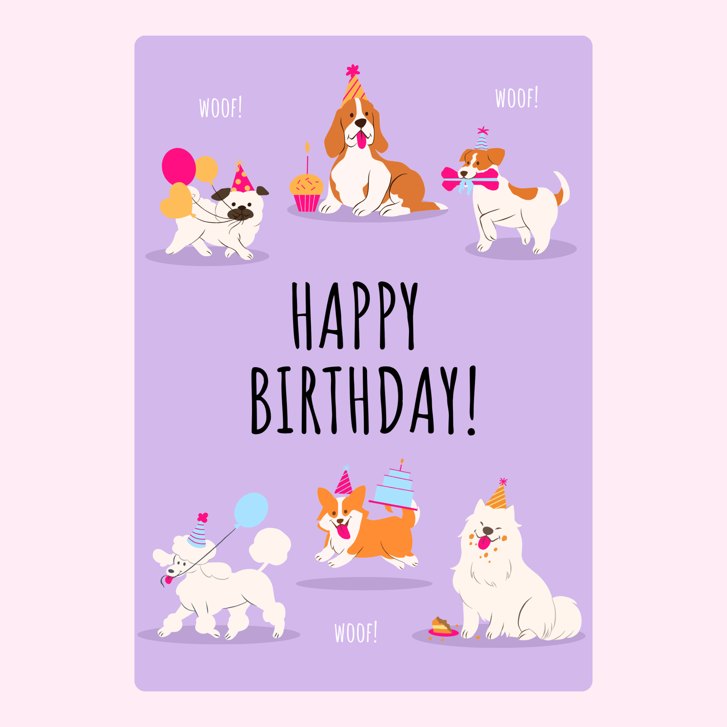 Playful dog birthday card with party hats, balloons, and a "Happy Birthday" message.