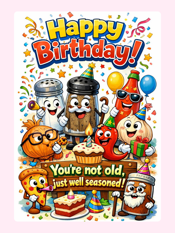 Colorful card with food characters and birthday message