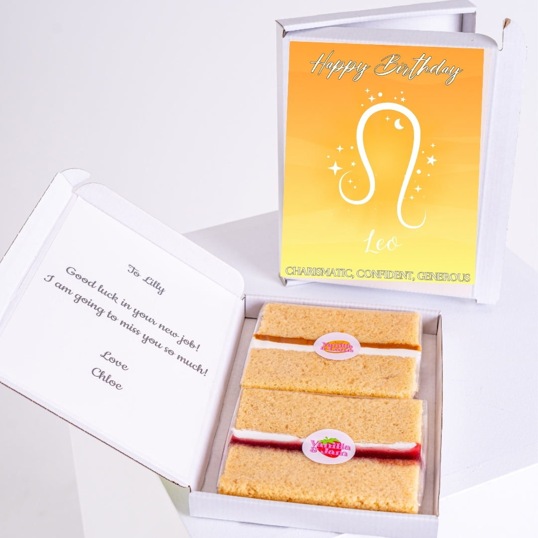 Gift box with Leo message and two cake slices.