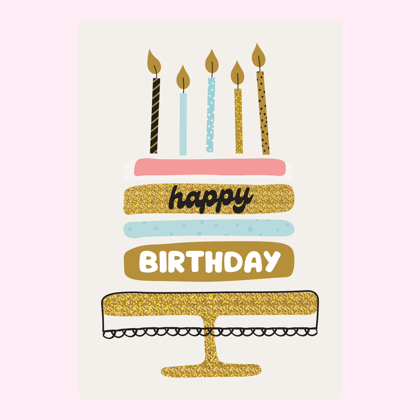 Colorful glittery birthday cake card with "Happy Birthday" and decorative candles.