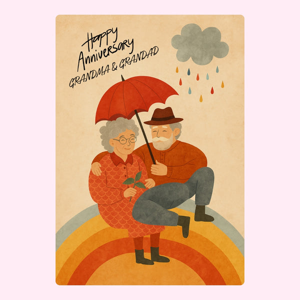 Grandma and Grandad under an umbrella with anniversary message.