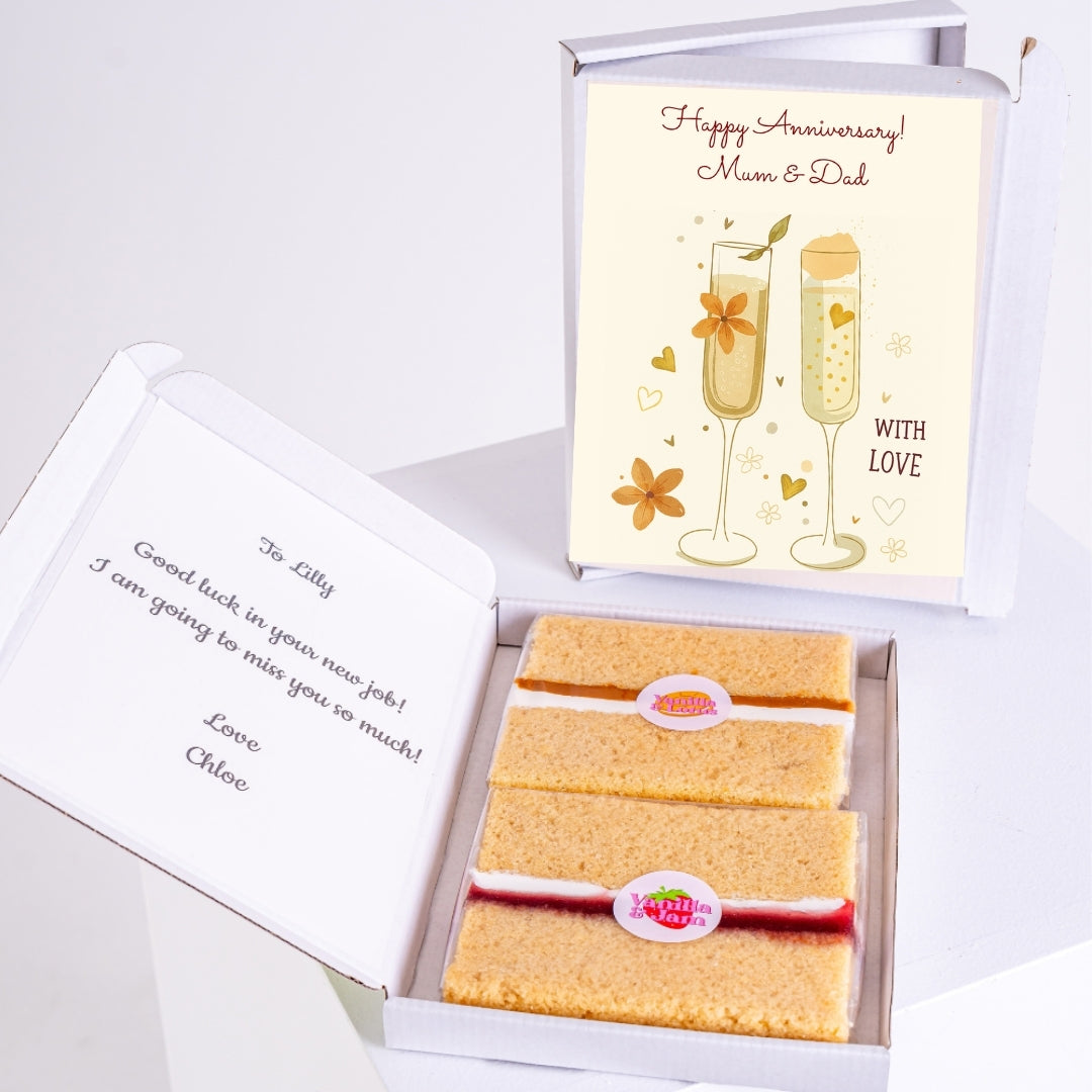 Happy Anniversary Mum & Dad with two cake slices in a gift box and a personalised note.
