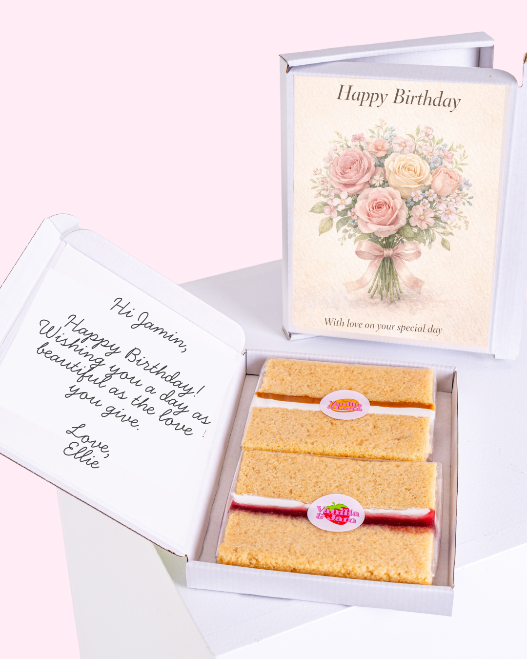 Floral bouquet "Happy Birthday" card with vanilla biscuits inside