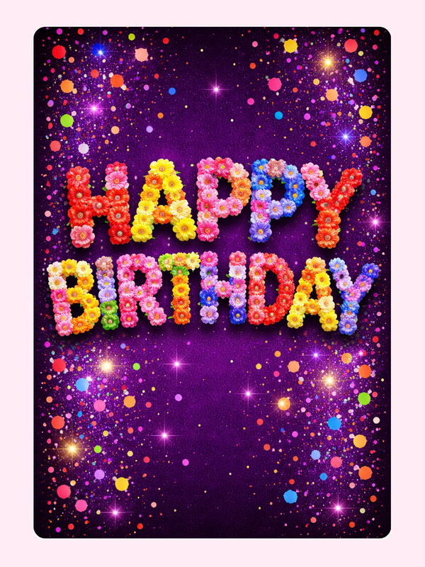 Colorful "Happy Birthday" floral design card with sparkles on purple background
