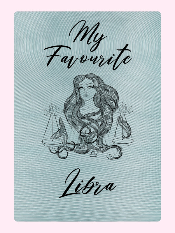 Happy Birthday Libra with Libra illustration and scales in pastel blue.