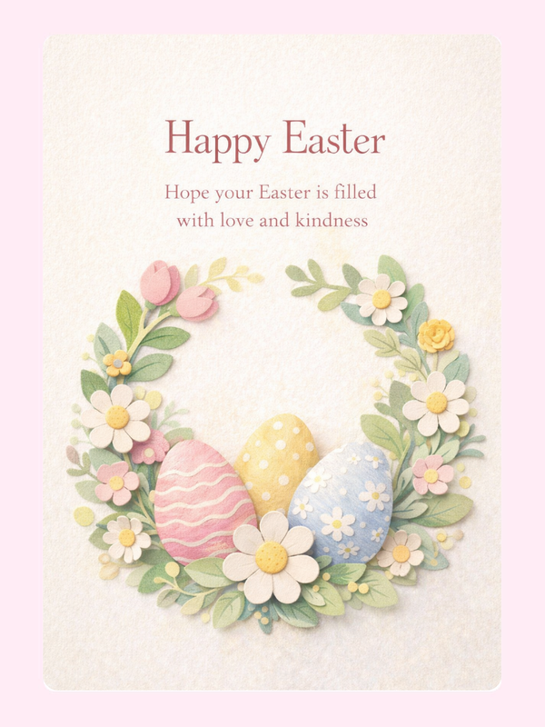 Happy Easter wreath with pastel-colored eggs and flowers.