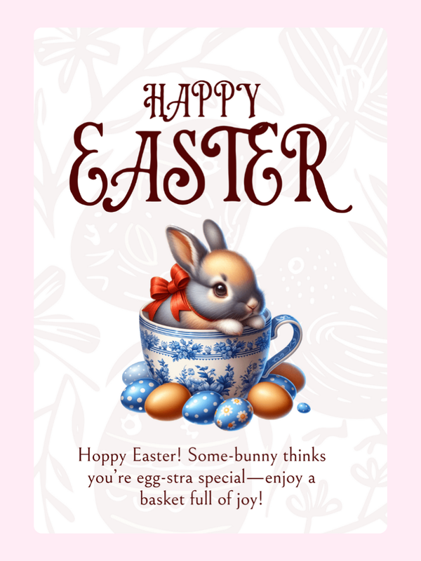 Easter card with a bunny sitting in a cup surrounded by colorful eggs and flowers.