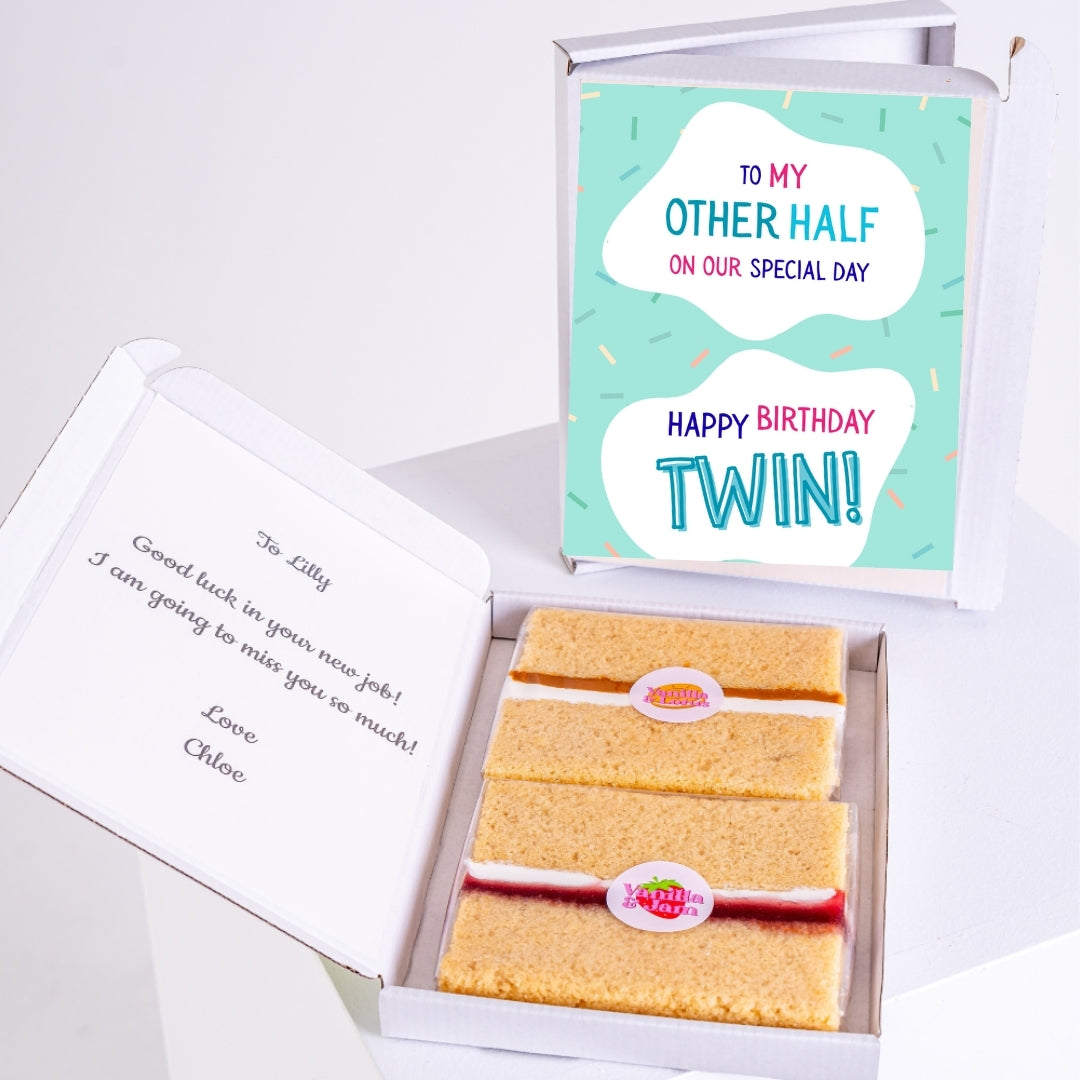 Letterbox birthday cake gift with twin message design.