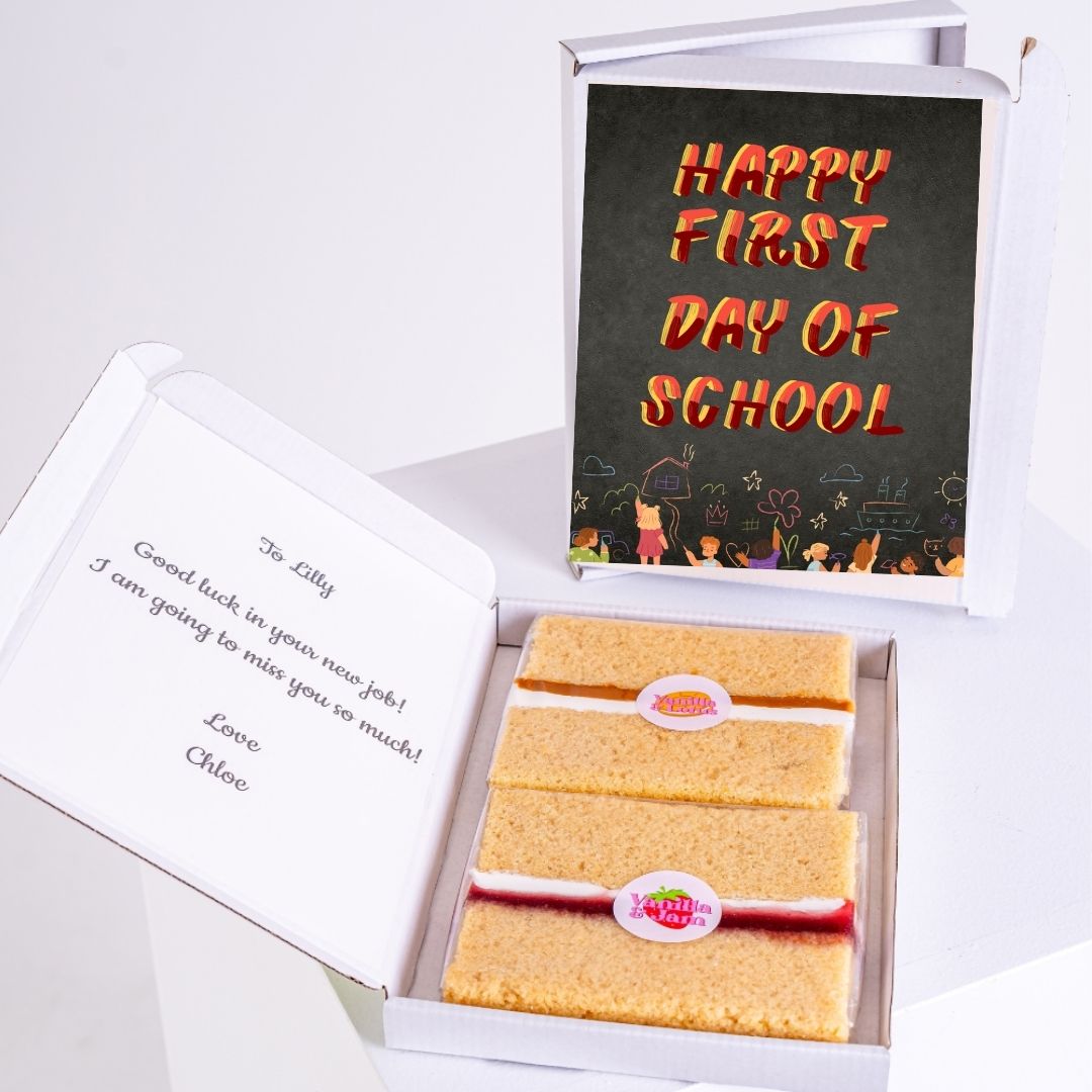Letterbox treat with school message and sponge slices.