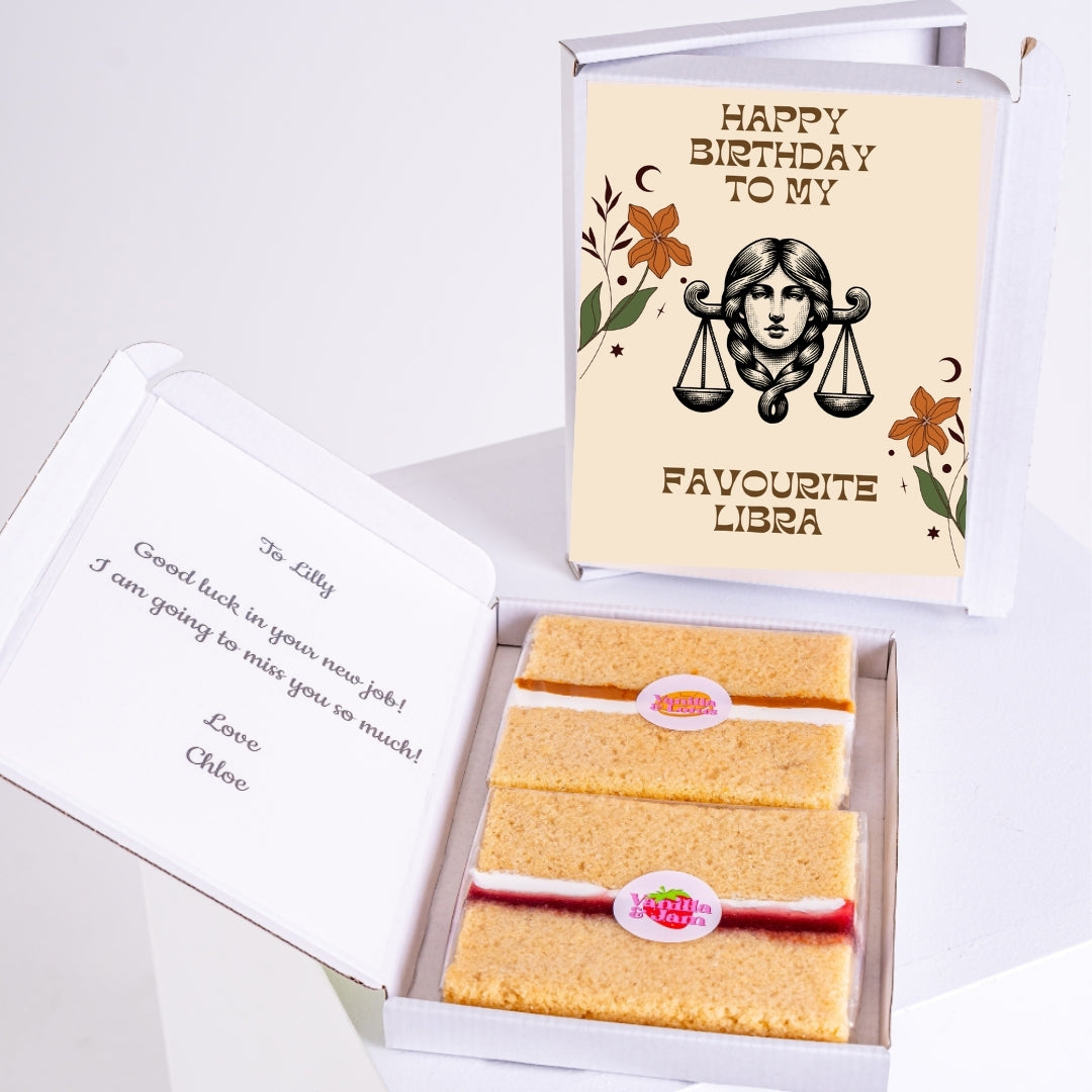 Libra birthday design with cake slices and a personal message.