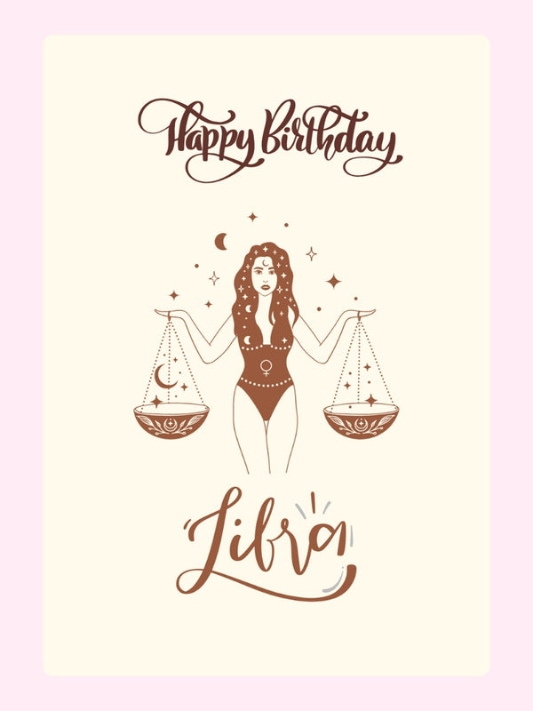 Libra birthday with illustrated woman holding scales