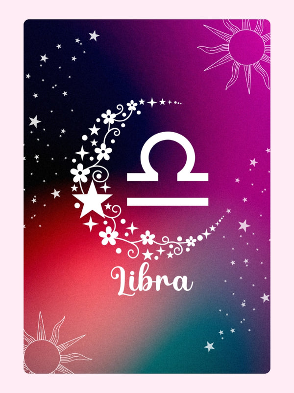 Libra zodiac symbol with stars and flowers.