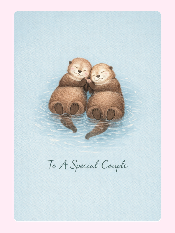 Otters Holding Hands To A Special Couple Anniversary Cake Card letterbox cake card with freshly baked cake slices