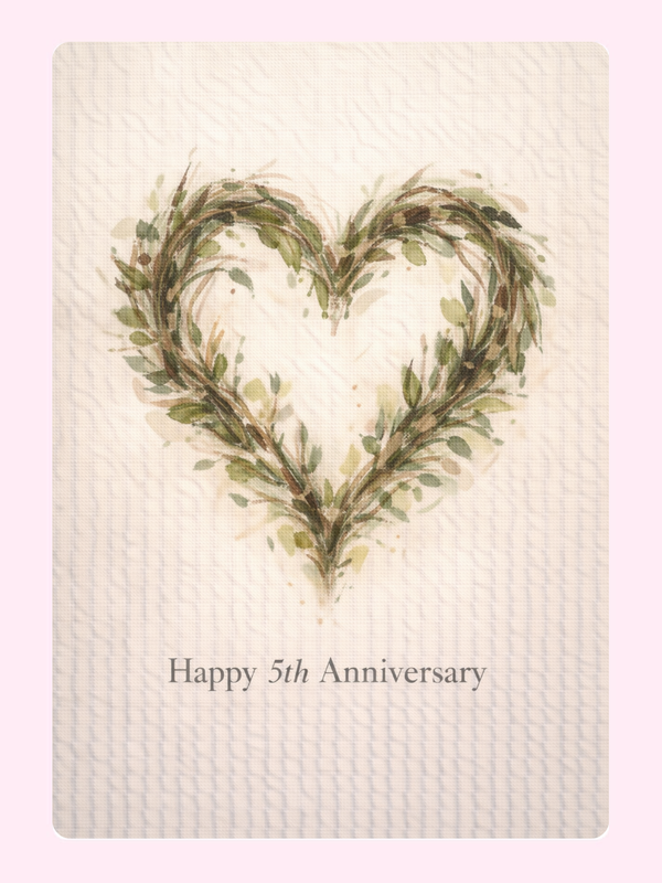 Leafy Heart Wreath 5th Anniversary Cake Card letterbox cake card with freshly baked cake slices