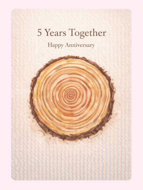5 Years Together Wooden Anniversary Cake Card letterbox cake card with freshly baked cake slices
