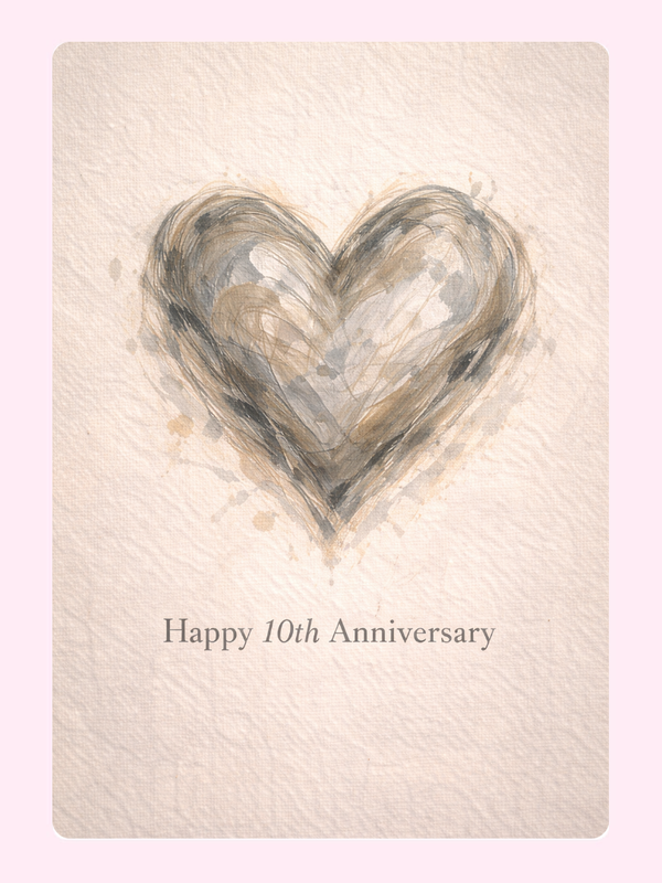 Watercolour Heart 10th Anniversary Cake Card letterbox cake card with freshly baked cake slices