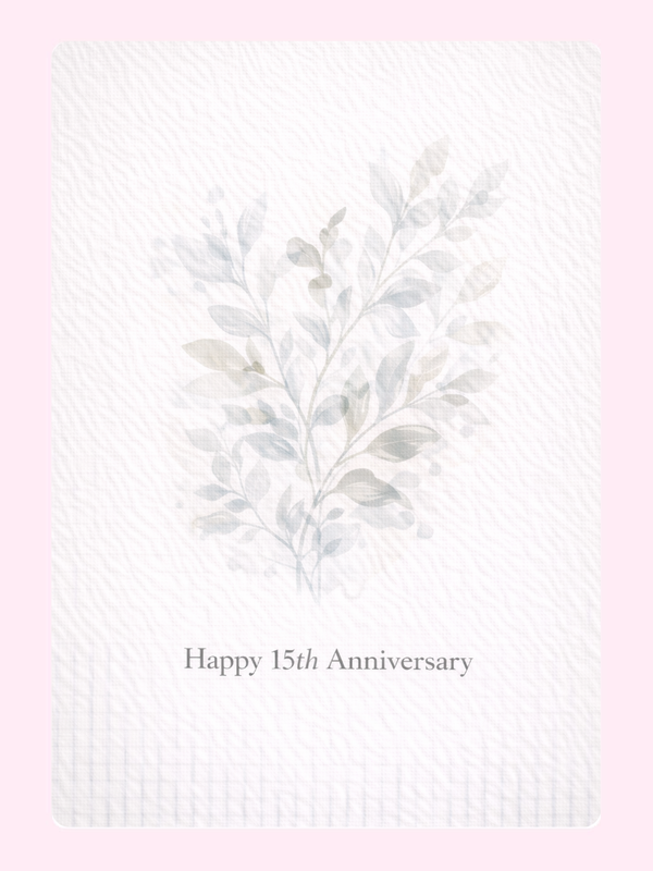 Silver Botanical 15th Anniversary Cake Card letterbox cake card with freshly baked cake slices