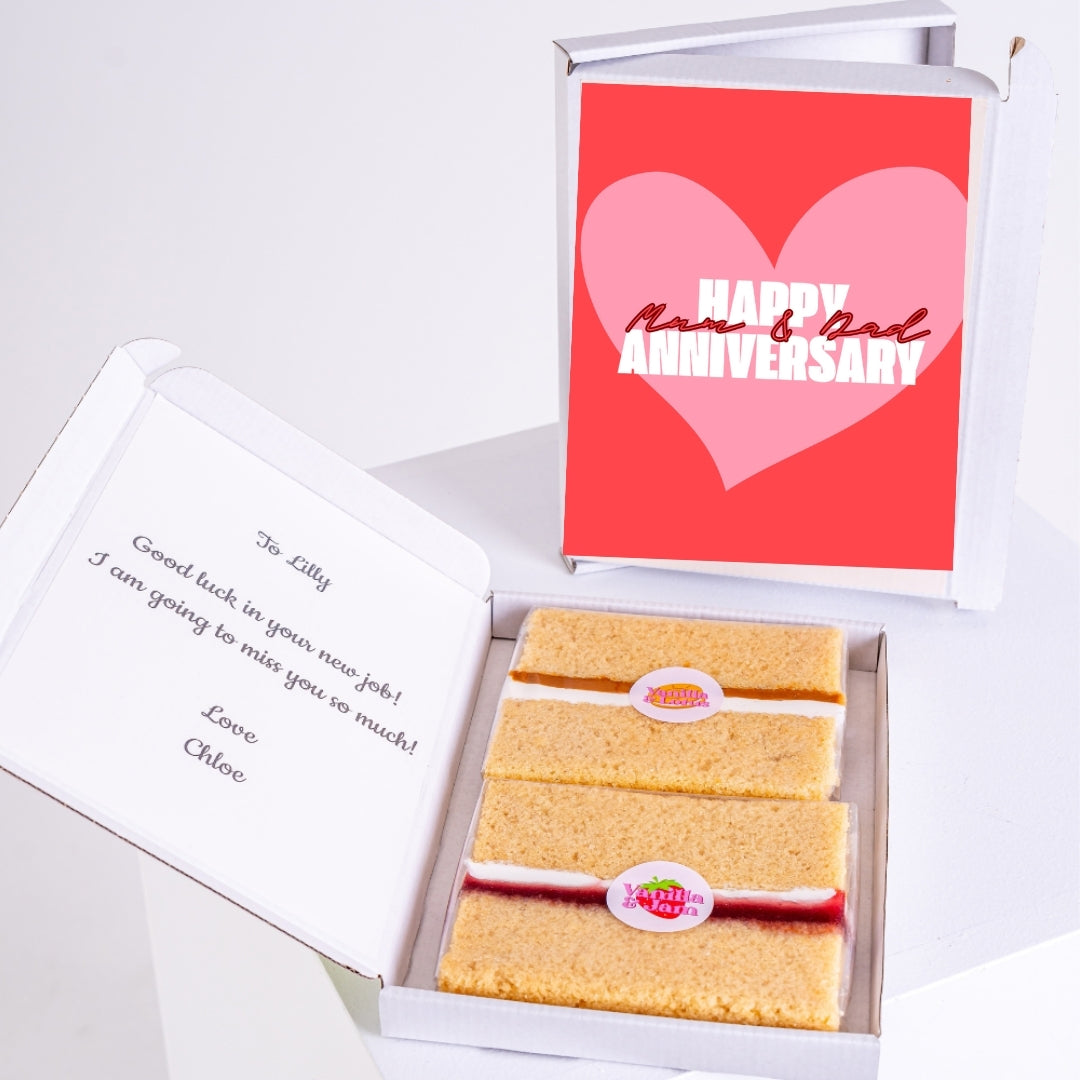 Mum and Dad anniversary gift with slices and a personal message.