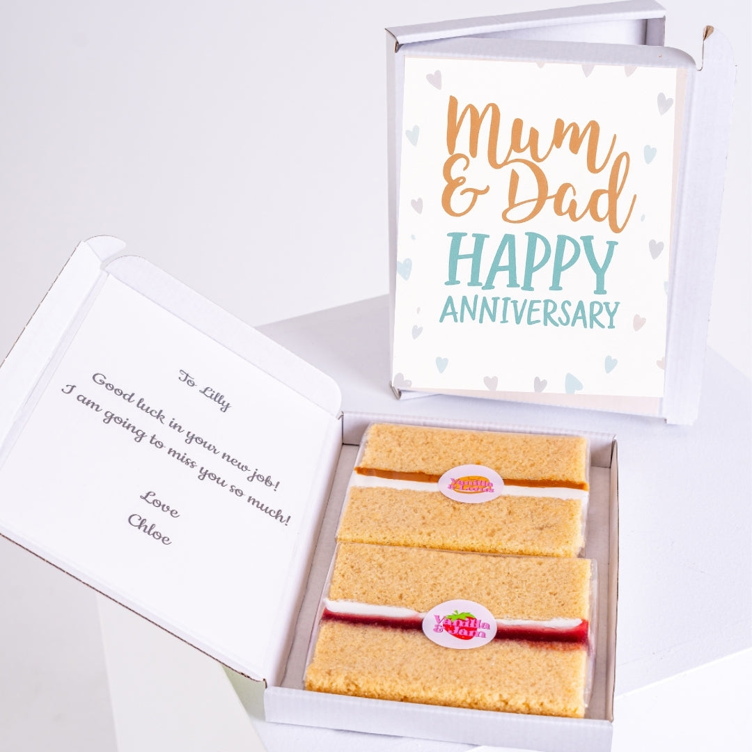 Mum and Dad’s anniversary gift with slices and a personalised message.