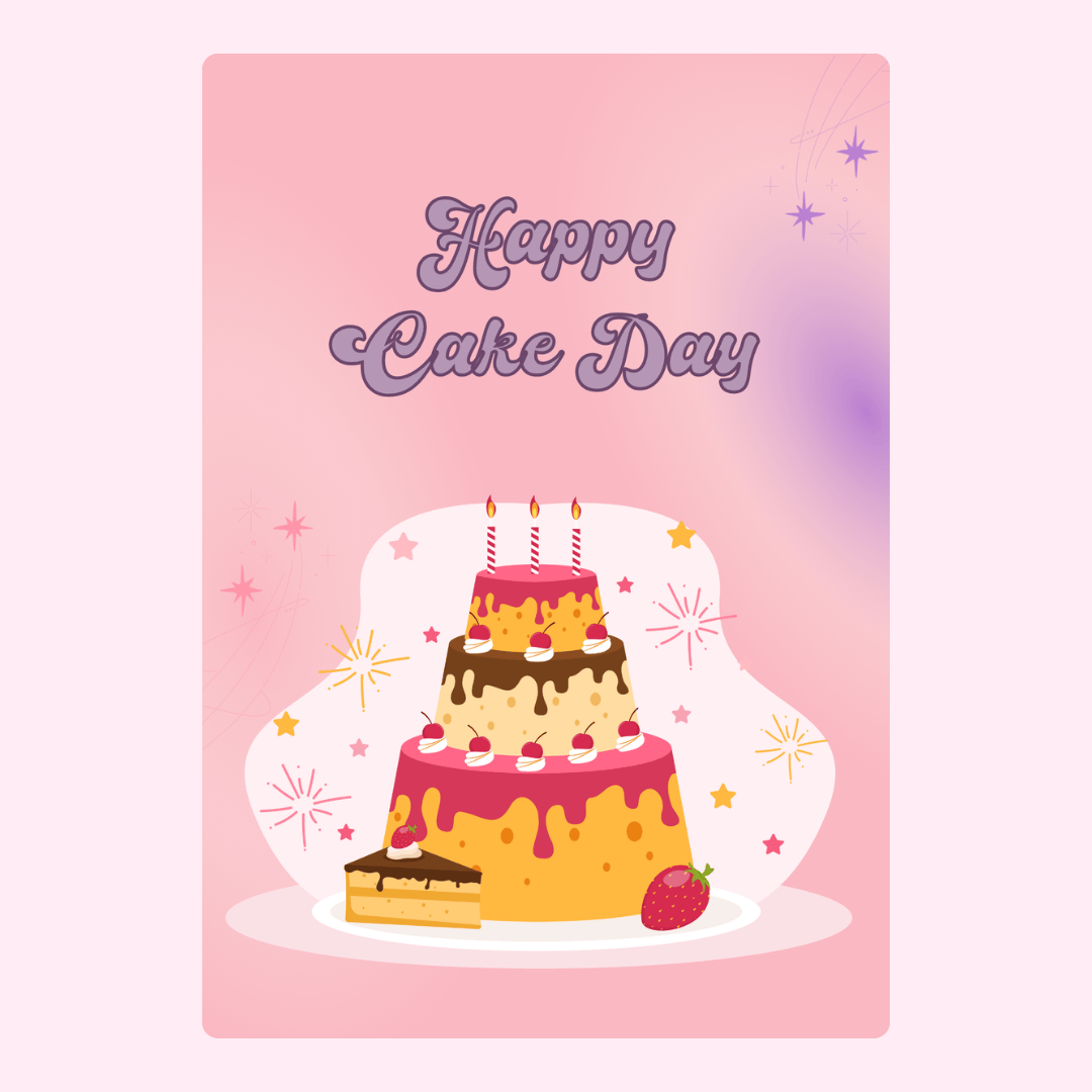 Happy Cake Day card with layered cake and strawberry.