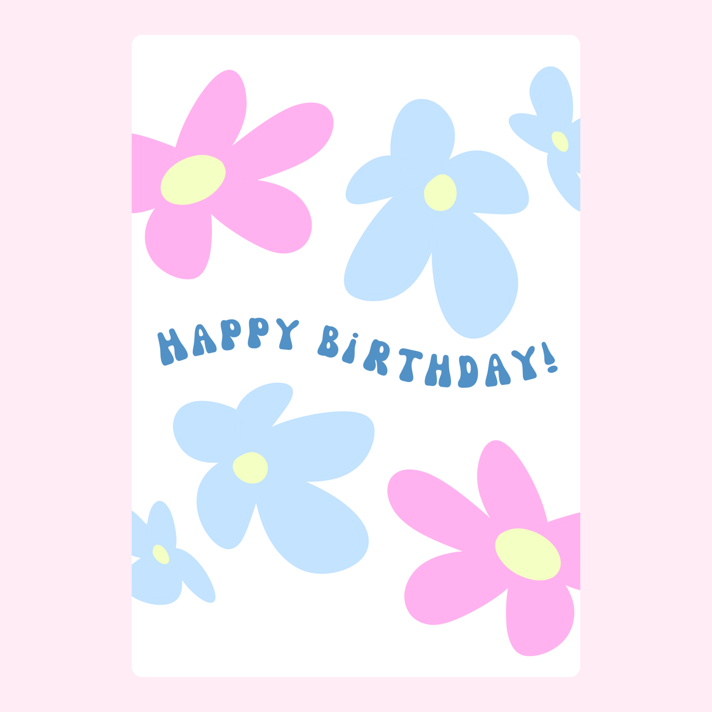 A pastel-colored flower birthday card with "Happy Birthday" in blue text and soft pink and blue flowers.