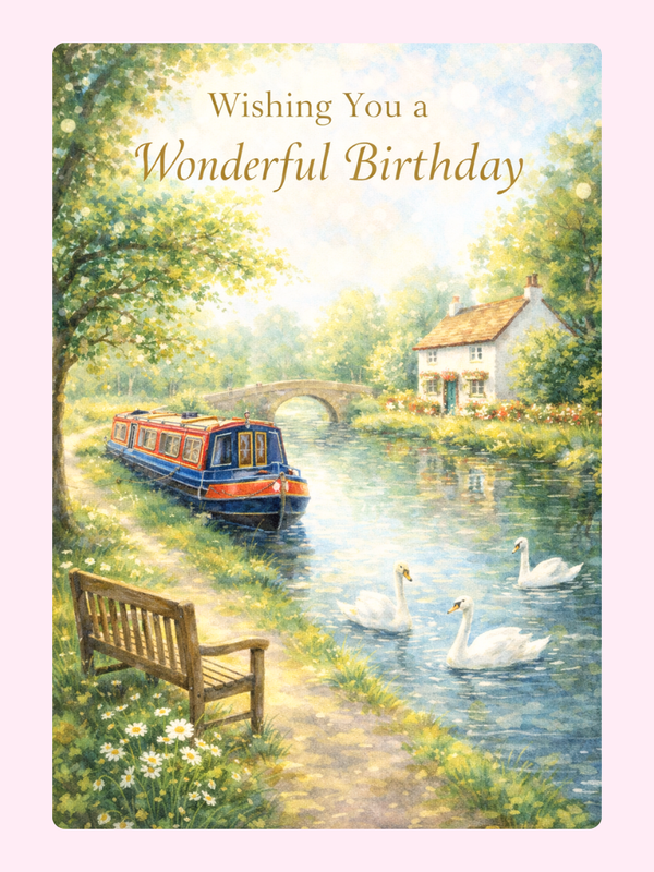 A serene birthday card depicting a tranquil countryside scene with a canal boat, swans swimming in the water, and a small cottage.