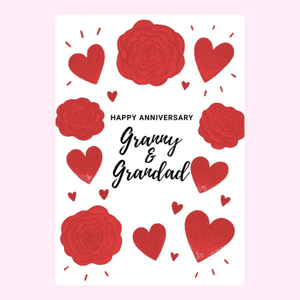 Red hearts and flowers with anniversary message for Granny & Grandad.