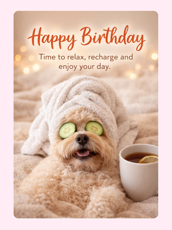 relaxing spa dog birthday cake card by post UK letterbox birthday gift edible greeting card with cute dog