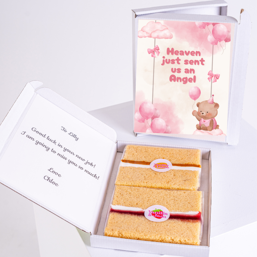 Gift box with cake & Heaven sent us an Angel card.