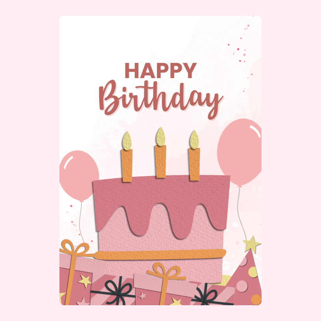 Happy Birthday card design with cake, balloons, and gifts.